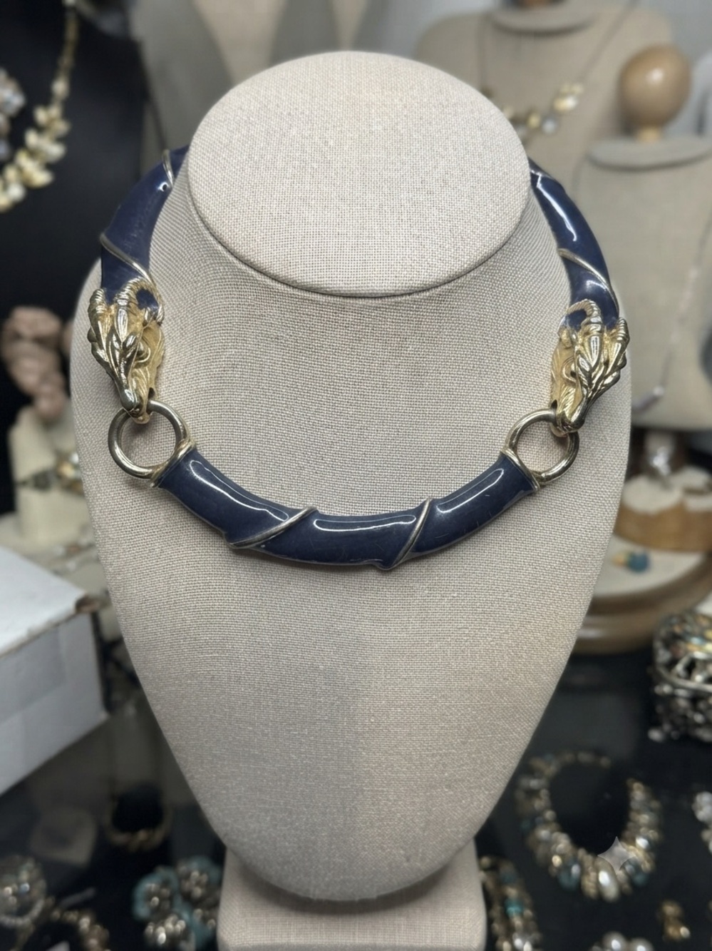 Donald Stannard Ram Head Statement Necklace – Navy Enamel & Gold-Tone